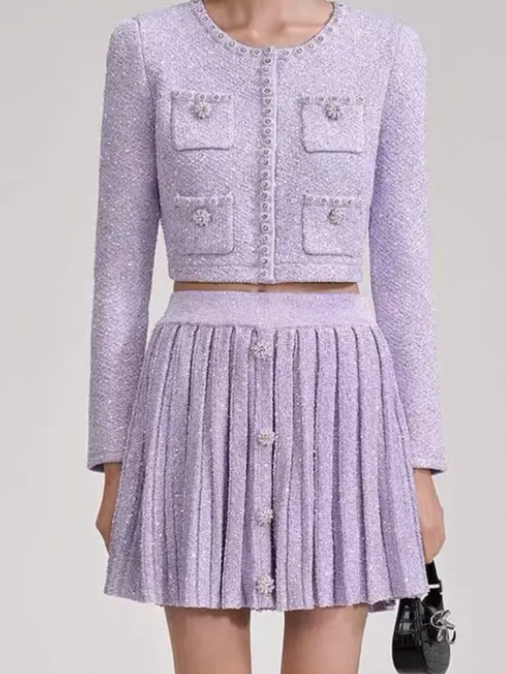 Miss Rosier Skirt Suit Set Lilac Purple knitted preppy sparkle beaded small